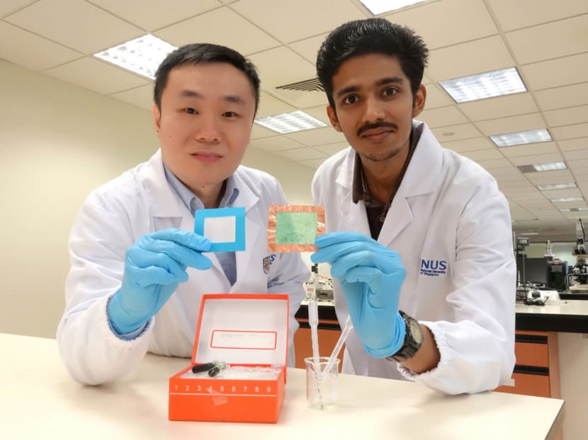 Head of the research team Assistant Professor Tan Swee Ching (left) holding a non-woven mesh and team member Sai Kishore Ravi, holding the novel see-through air filter they developed. PHOTO: NUS