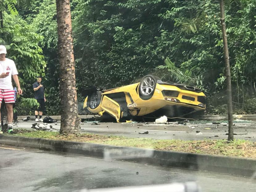 Three men — including the driver and passenger of this Lamborghini sports car — were taken to the hospital after a road accident at Sentosa on Tuesday (May 29) afternoon.