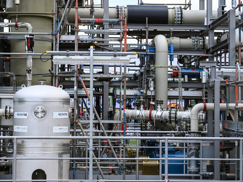 A view of one of the world’s first plants for the production of green hydrogen on the site of the Shell Energy and Chemicals Park Rheinland of Anglo-Dutch oil giant Shell in Wesseling, western Germany, taken in July 2021.