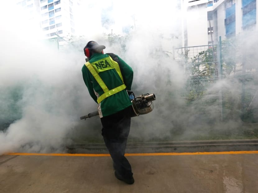 A NEA worker conducts thermal fogging during a demonstration at the Paya Lebar Way area on vector control operations and inspection of premises to check for mosquito breeding at the Paya Lebar Way area on Sept 1, 2016. Photo: Nuria Ling