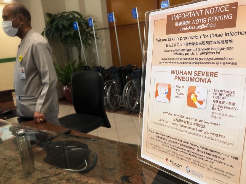 Notices at Tan Tock Seng Hospital informing visitors and patients of the Wuhan virus on 22 Jan. Notices at Tan Tock Seng Hospital informing visitors and patients of the Wuhan virus on 22 Jan.