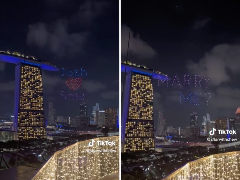 An elaborate wedding proposal that included a drone light show near Marina Bay Sand (pictured) went viral on TikTok. 