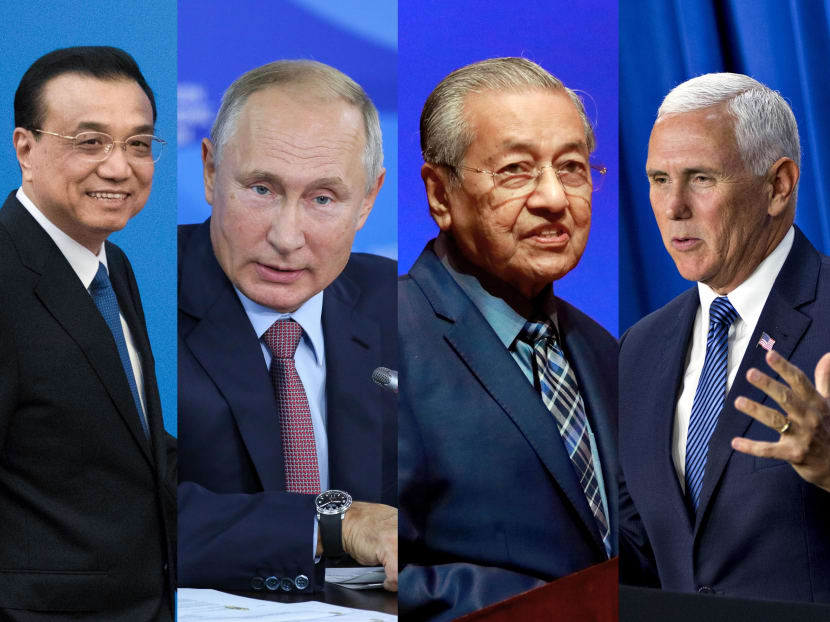 (L-R) Chinese Premier Li Keqiang, Russian President Vladimir Putin, Malaysian Prime Minister Mahathir Mohamad and US Vice-President Mike Pence will be making state and official visits to Singapore starting on Nov 12, 2018.