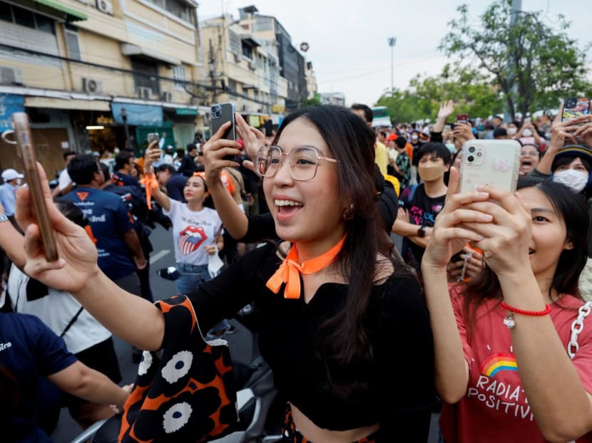Move Forward Party's supporters celebrating the party's election results in Bangkok, Thailand, May 15, 2023. Move Forward Party's supporters celebrating the party's election results in Bangkok, Thailand, May 15, 2023.