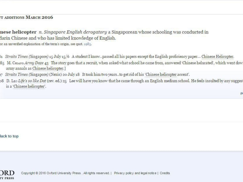 Some Singaporeans want 'Chinese helicopter' out of the Oxford English Dictionary. Photo: Oxford English Dicitionary website.