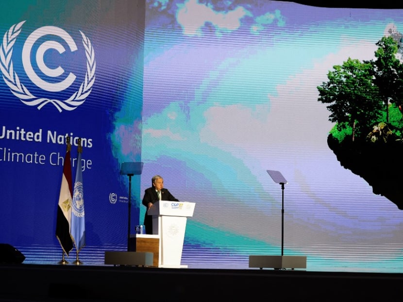 United Nations Secretary General Antonio Guterres delivers a speech at the leaders summit of the COP27 climate conference at the Sharm el-Sheikh International Convention Centre, in Egypt's Red Sea resort city of the same name, on Nov 7, 2022.