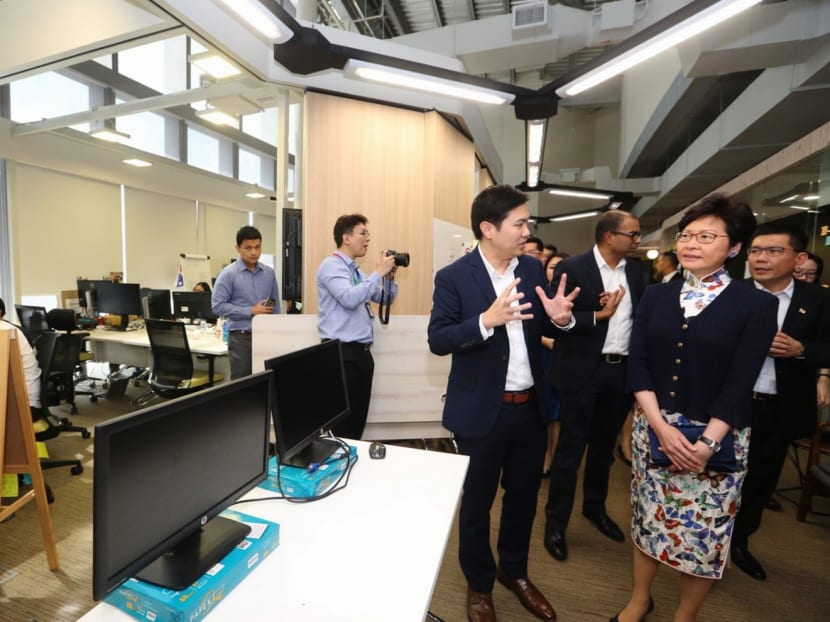 Hong Kong Chief Executive Carrie Lam during her visit to the GovTech Hive on Aug 3. Photo: Koh Mui Fong/TODAY