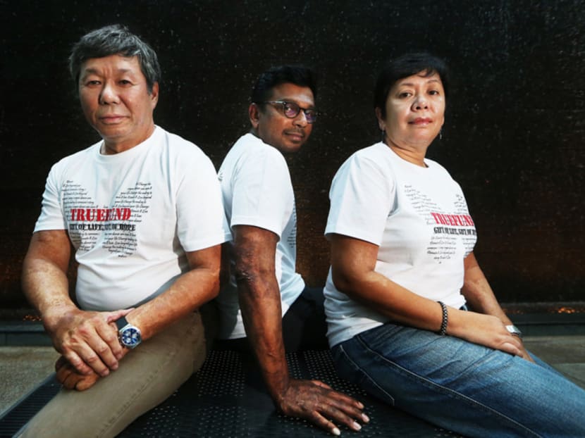 (From left) Freddy Neo, Karthigayan Ramakrishnan and Badron Nisha Abdul Gahni Khan are burns survivors who received donor skin and will now take part in the Sportive Ride. Photo: Ooi Boon Keong