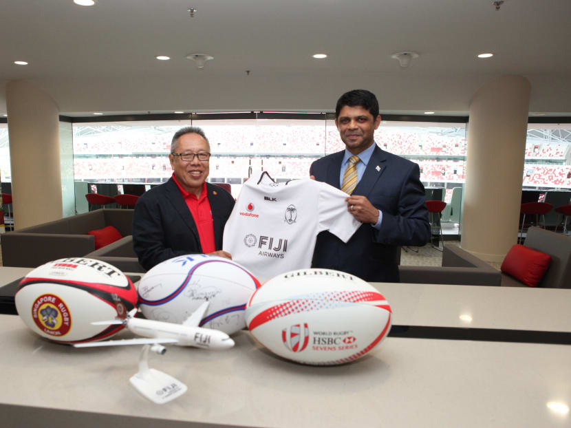 Singapore Rugby Union president Low Teo Ping (left) and Aiyaz Sayed-Khaiyum, Fiji’s Attorney-General and Minister for Finance, Civil Aviation, Public Enterprises, Civil Service and Communications at the press conference. Photo: Singapore Rugby Union