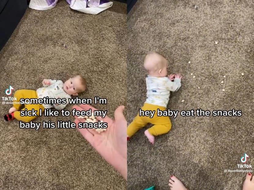 Images from a video put up by a mother in the United States who said that she likes to feed her baby his snacks as if he was a chicken.