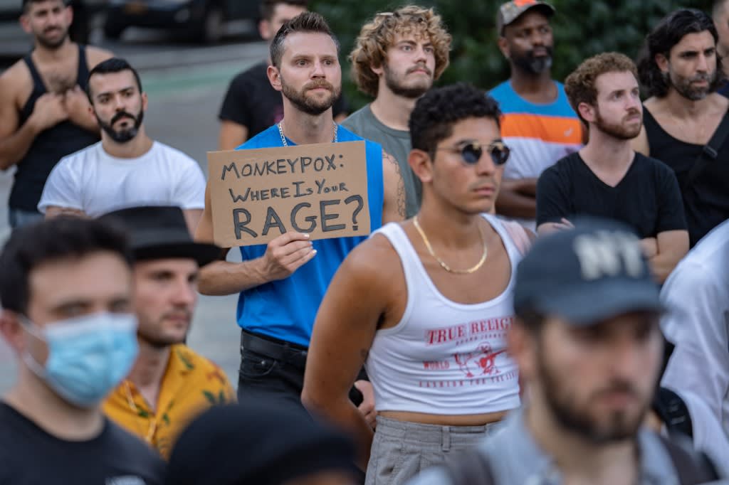 People protest during a rally calling for more US government action to combat the spread of monkeypox at Foley Square on July 21, 2022 in New York City. People protest during a rally calling for more US government action to combat the spread of monkeypox at Foley Square on July 21, 2022 in New York City.