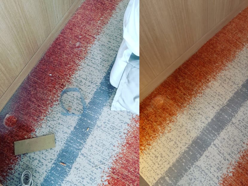 Dirty rooms greeted some hotel guests serving their stay-home notices at Park Hotel Alexandra recently. These photos show the situation before one guest, Mr Eugene Wee, vacuumed the carpeted floor of his room (left) and after he did so (right).