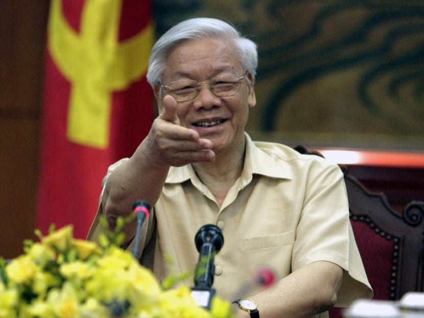 Vietnamse Communist Party General Secretary Nguyen Phu Trong gestures during a meeting with Western press in Hanoi, Vietnam Friday July 3, 2015, ahead of his historic visit to the United States next week.  Photo: AP