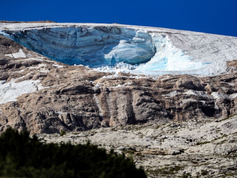 This view taken on July 4, 2022 shows the glacier that collapsed the day before on the mountain of Marmolada, the highest in the Dolomites, one day after a record-high temperature of 10°C was recorded at the glacier's summit.&nbsp;