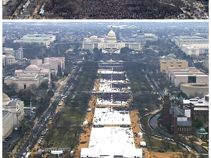 A pair of photos showing a view of the crowd on the National Mall at the inaugurations of former president Barack Obama (top), on Jan 20, 2009, and President Donald Trump (above), on Jan 20, 2017. PHOTOS: AP