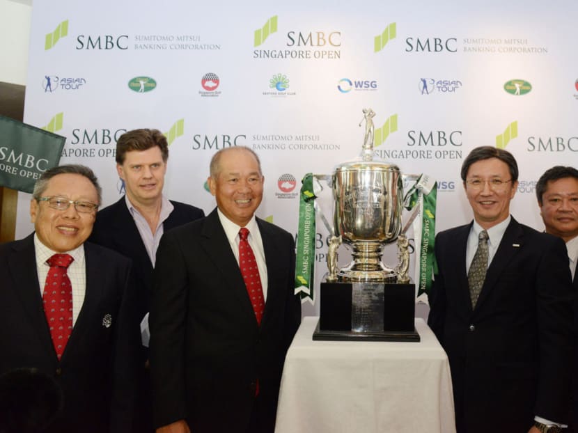 (From left) Mr Low Teo Ping, president of Sentosa Golf Club; Mr. Seamus O’Brien, executive chairman of World Sport Group; Mr Bob Tan, president of the Singapore Golf Association;  Mr Masayuki Shimura, managing director and head of Asia-Pacific division of Sumitomo Mitsui Banking Corporation; Mr Kyi Hla Han, chairman of the Asian Tour; Mr Masayoshi Takaba, vice-chairman of the Japan Golf Tour Organisation with the SMBC Singapore Open trophy. Photo: World Sport Group