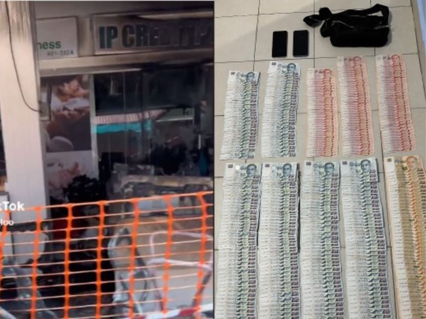 A screengrab from a video clip (left) showing a shop in Toa Payoh after a fire was extinguished and an image (right) of the items the police seized from a suspect.