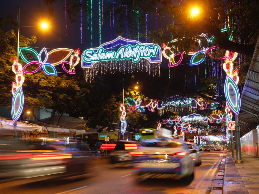 Hari Raya street lights along Geylang Road during the media preview on Monday (May 15) night. Minister Tan  Chuan-Jin and Associate Professor Fatimah Lateef, advisers to Marine Parade GRC GROs were present during the preview. Photo: Najeer Yusof/TODAY
