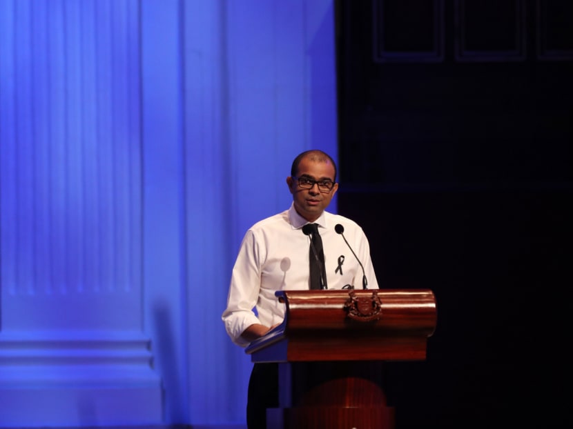 Minister of State Janil Puthucheary speaking at the late Othman Wok’s memorial service at Victoria Concert Hall on Wednesday (April 19). Photo: MCI