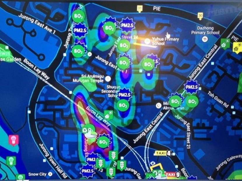 This interactive screen featuring data collated from sensors in Jurong Lake District was shown at imbX 2014. Photo: Channel NewsAsia