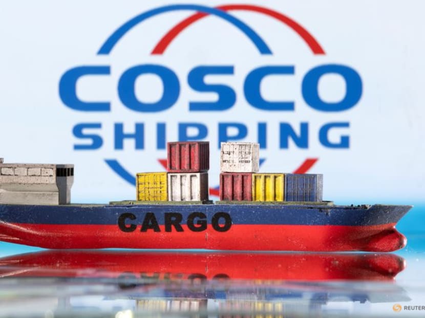 FILE PHOTO: A cargo ship boat model is pictured in front of the China Ocean Shipping Company (COSCO) logo in this illustration taken March 3, 2022. REUTERS/Dado Ruvic/Illustration