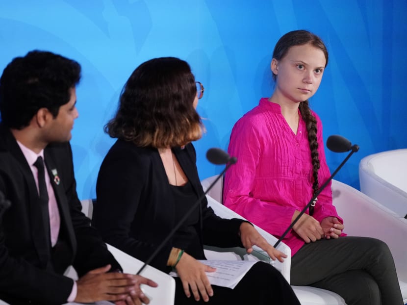 Greta Thunberg (far right) attending the 2019 United Nations Climate Action Summit at the United Nations headquarters in New York City, United States. Greta Thunberg (far right) attending the 2019 United Nations Climate Action Summit at the United Nations headquarters in New York City, United States.