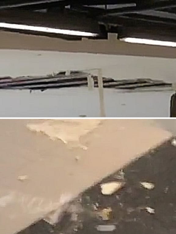 Screenshots from a video showing a hole in the ceiling and the debris that fell onto the floor of basement 1 in Nex shopping mall.