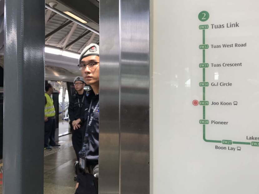 An officer from the Public Transport Security Command at Joo Koon station. The five-station stretch of the Tuas West Extension will be suspended until Sunday (Nov 19), said the Land Transport Authority. Photo: Koh Mui Fong/TODAY