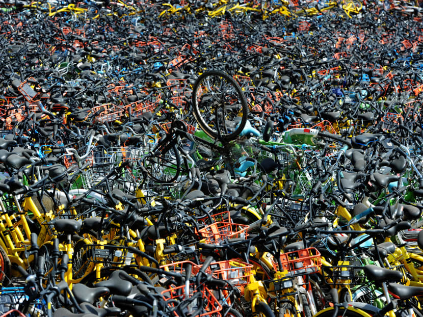 The attractiveness of the bike-sharing business has resulted in excess supply of dockless bikes, cluttering up public space, increasing pressure on city infrastructure, generating garbage and wasting resources, as evident in this photo in China.