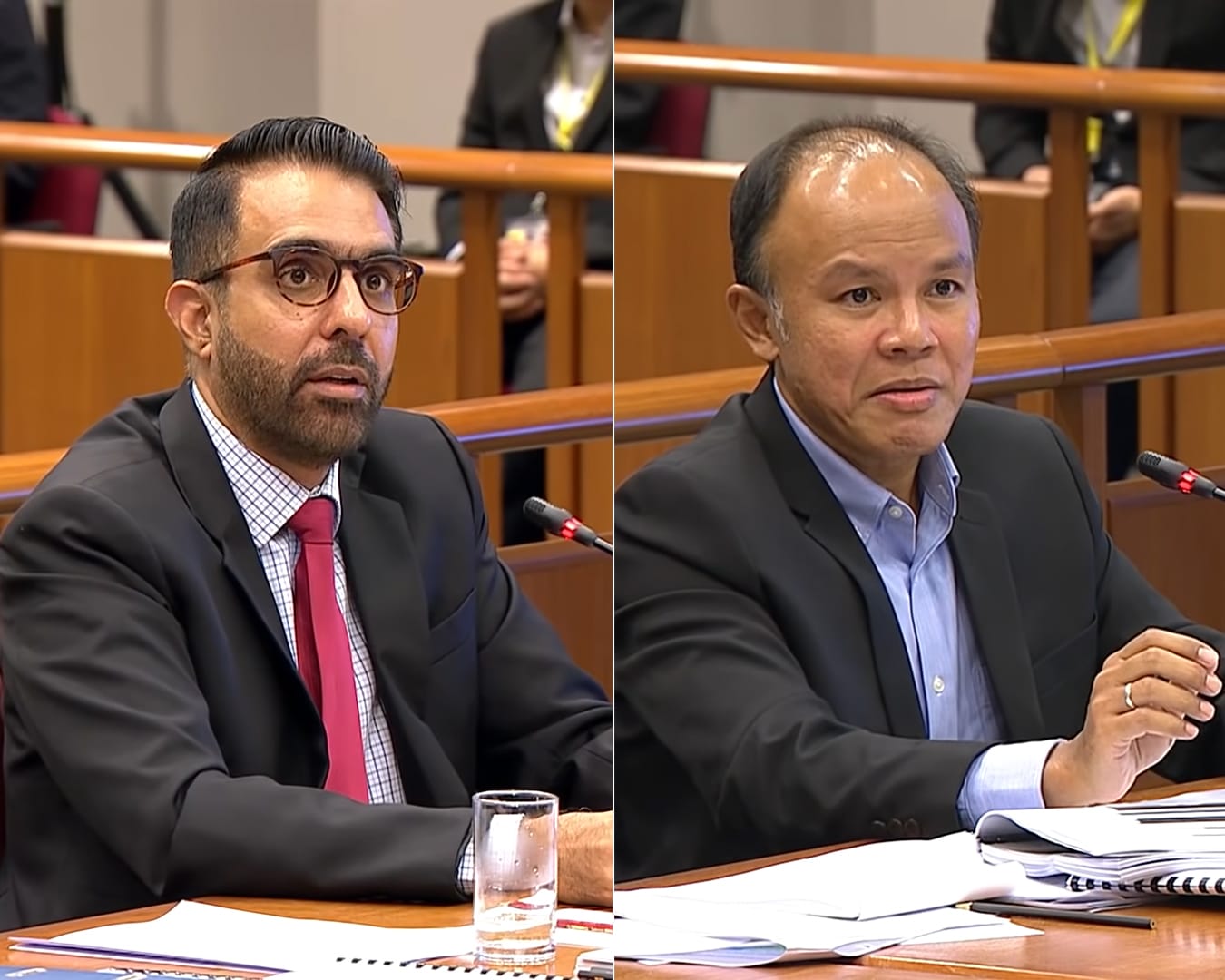 Workers' Party chief Pritam Singh (left) and vice-chair Faisal Manap (right) testifying at Parliament's Committee of Privileges' hearings. Workers' Party chief Pritam Singh (left) and vice-chair Faisal Manap (right) testifying at Parliament's Committee of Privileges' hearings.