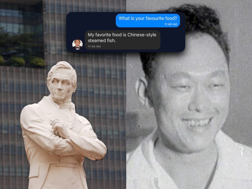 A statue of Stamford Raffles (left) and an old photograph of Lee Kuan Yew (right).
