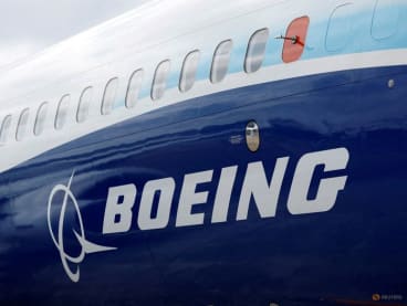 The Boeing logo is seen at the Farnborough International Airshow, in Farnborough, Britain, July 20, 2022.  