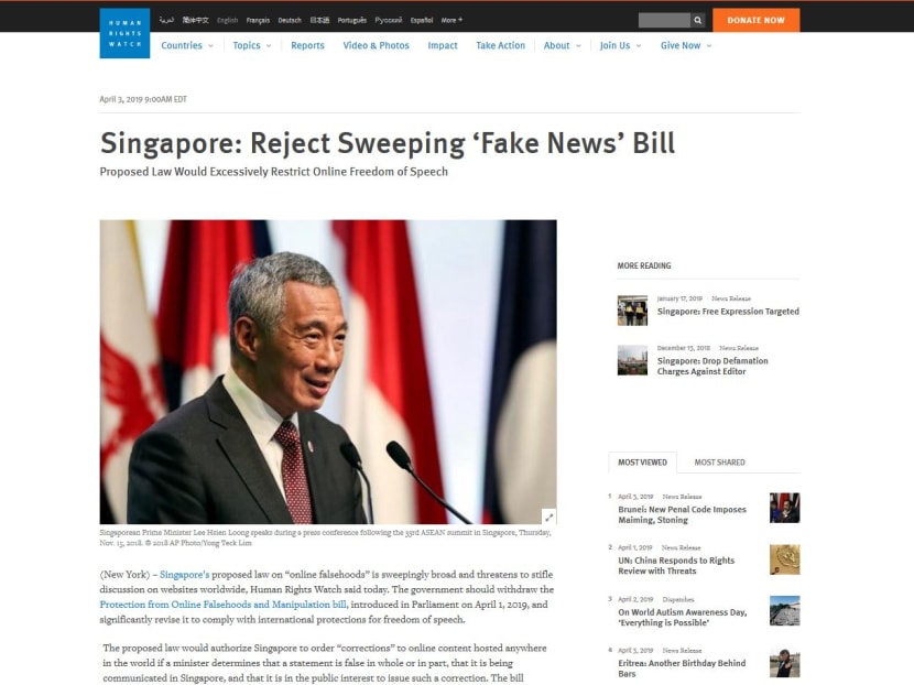 The Ministry of Law has criticised Human Rights Watch for its statement on Singapore’s new laws to curb fake news.