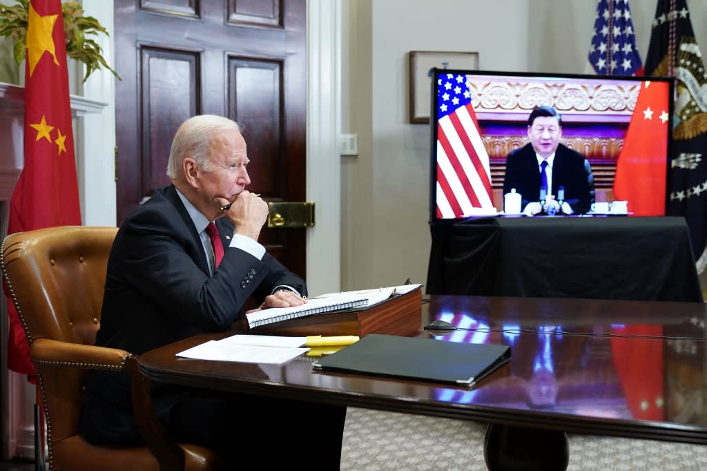 US president Joe Biden meets with China's president Xi Jinping during a virtual summit from the Roosevelt Room of the White House in Washington DC on Nov 15, 2021.<br />
&nbsp;