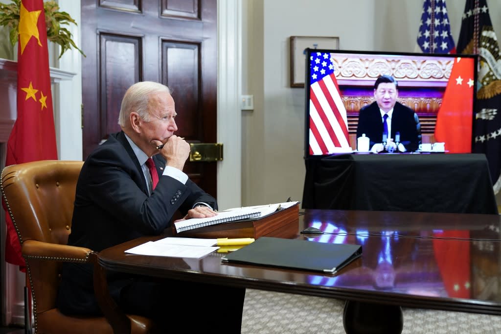 US president Joe Biden meets with China's president Xi Jinping during a virtual summit from the Roosevelt Room of the White House in Washington DC on Nov 15, 2021.<br />
US president Joe Biden meets with China's president Xi Jinping during a virtual summit from the Roosevelt Room of the White House in Washington DC on Nov 15, 2021.<br />
