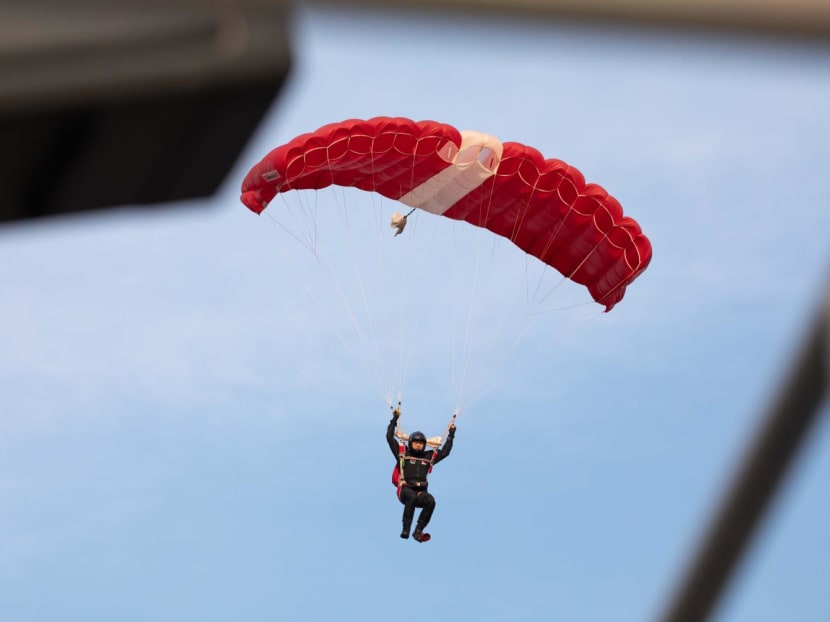 A Red Lion parachutist performing a freefall jump at the 2022 National Day Parade.