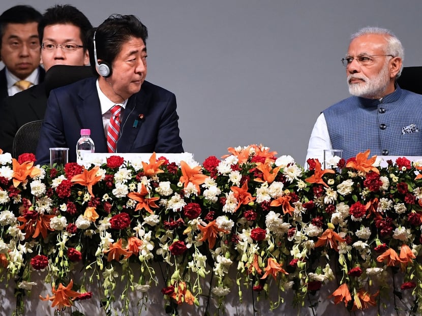 Japanese Prime Minister Shinzo Abe (left) and Indian Prime Minister Narendra Modi during the India-Japan Business Plenary session in September. Japan, India, Australia, and the United States comprise the “quad”, a diplomatic initiative that was set up a decade ago to counterbalance China’s growing power in the region. Photo: AFP