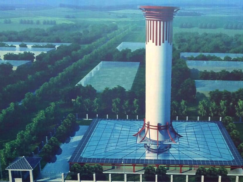 An artist's impression of the world’s biggest air purifier, in Xian, China.  Dubbed the world’s biggest air purifier by its operators, the tower has brought a noticeable improvement in air quality, according to the scientist leading the project. Photo: South China Morning Post