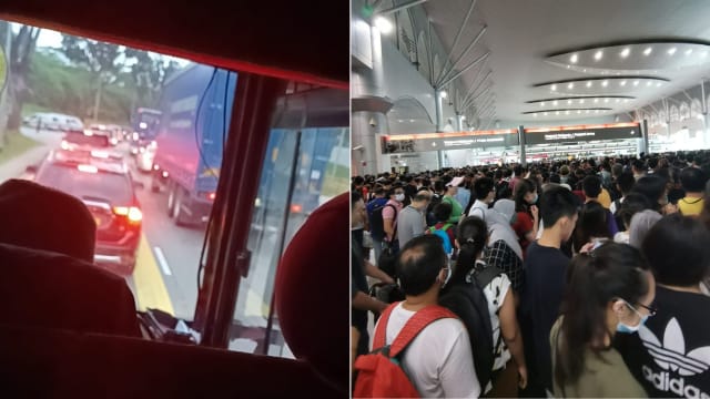 学校假期开始 新柔关卡车龙人龙看不见尽头