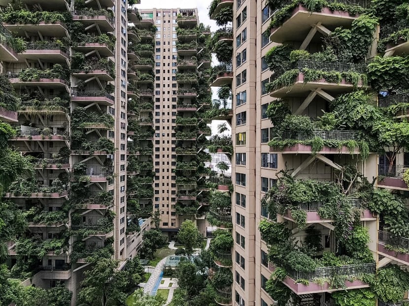 Apartments with balconies covered with plants are seen at a residential community in Chengdu in China's southwestern Sichuan province.