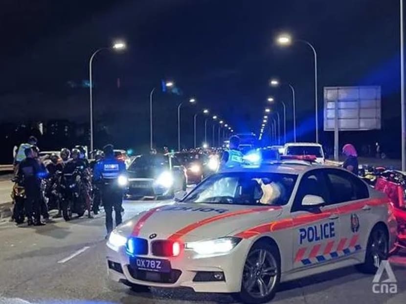 A road block along Yishun Dam conducted on March 27, 2021 as part of a five-day-long joint enforcement operation by the Traffic Police and the Land Transport Authority against speeding and illegal modified vehicles.