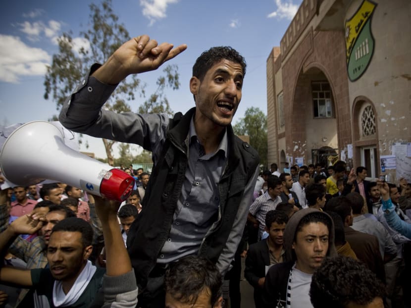 Students protest against the Shiite insurgency during a rally at the University of Sanaa, Yemen. Photo: AP