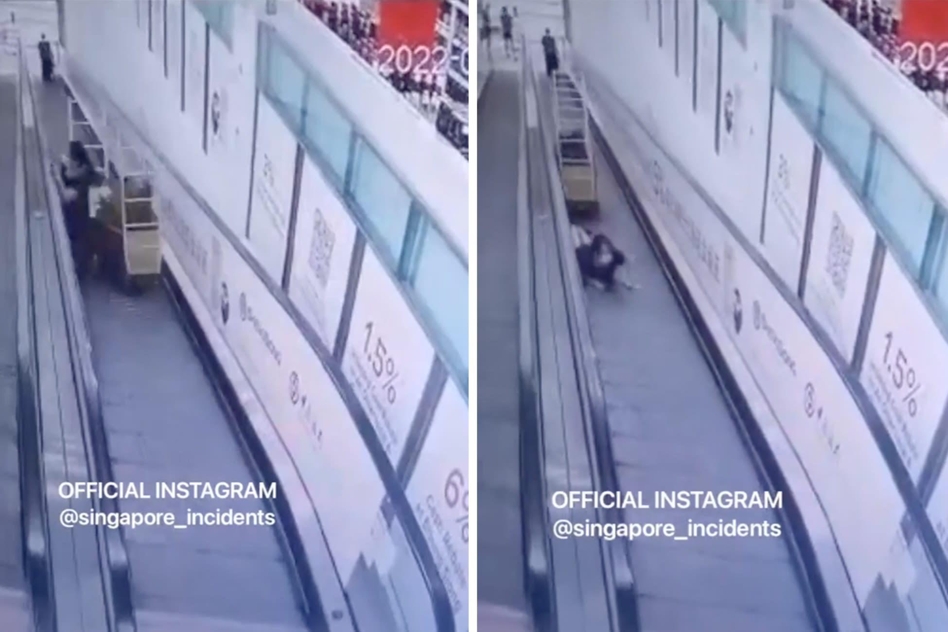 A screengrab of a viral video showing a trolley hitting two people while they were riding on a travelator at a Sheng Siong outlet. A screengrab of a viral video showing a trolley hitting two people while they were riding on a travelator at a Sheng Siong outlet.