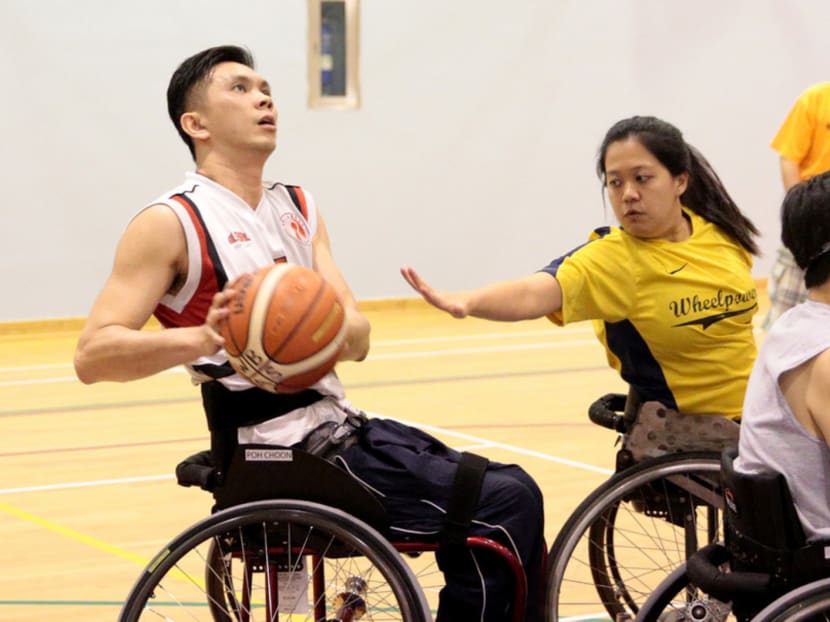 Wheelchair basketball player Choo Poh Choon in action during a training session last month. He wants to show his country what the sport is all about and further hopes to encourage people with a disability not to just stay at home. Photo: Jason Quah