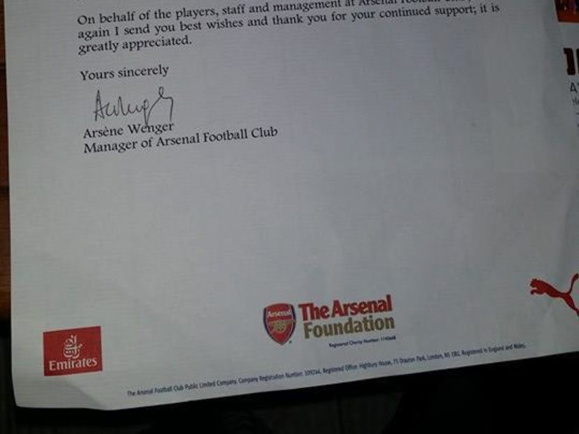 A picture showing the letter from Arsenal manager Arsene Wenger to Navy serviceman Jason Chee. Photo: Jason Chee's Facebook page