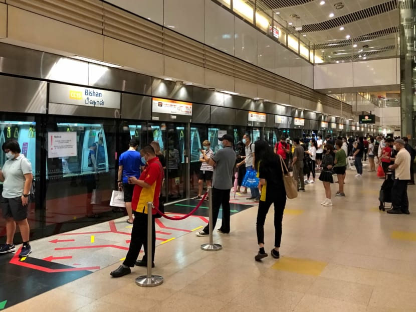 Commuters at Bishan MRT Station on May 19, 2020.