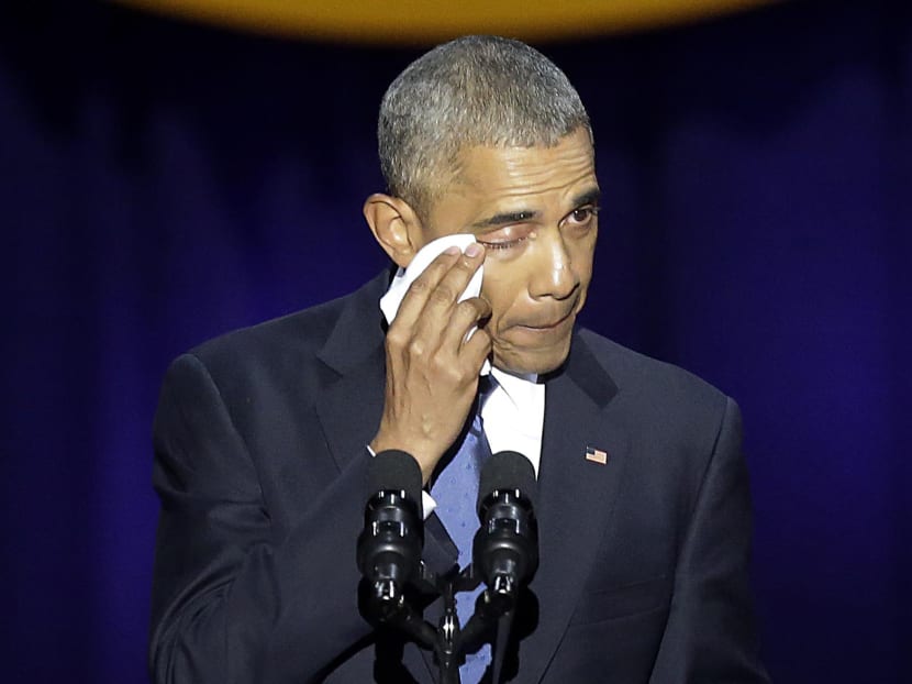 US President Barack Obama crying as he was speaking during his farewell address in Chicago, Illinois on Jan 10, 2017. Photo: AFP
