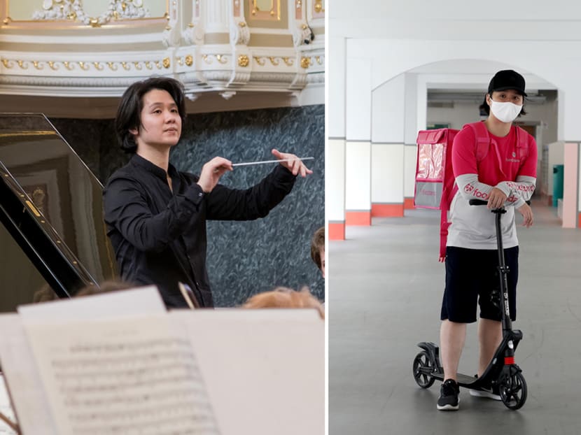 The author has been working for Foodpanda for two months since returning to Singapore. The photo on the left, courtesy of the author, shows him conducting at the St Petersburg Imperial Capella.