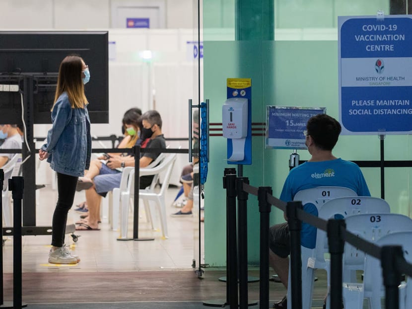 People waiting to get their Covid-19 vaccination at Yew Tee Community Centre on April 21, 2021.