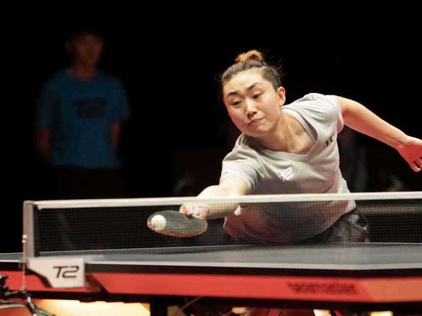 Singapore's Feng Tianwei in action for Team Maze in the first round of matches of the T2 Asia Pacific Table Tennis League (T2APAC). She lost 0-4 to CHina's Wu Yang. Photo: T2APAC